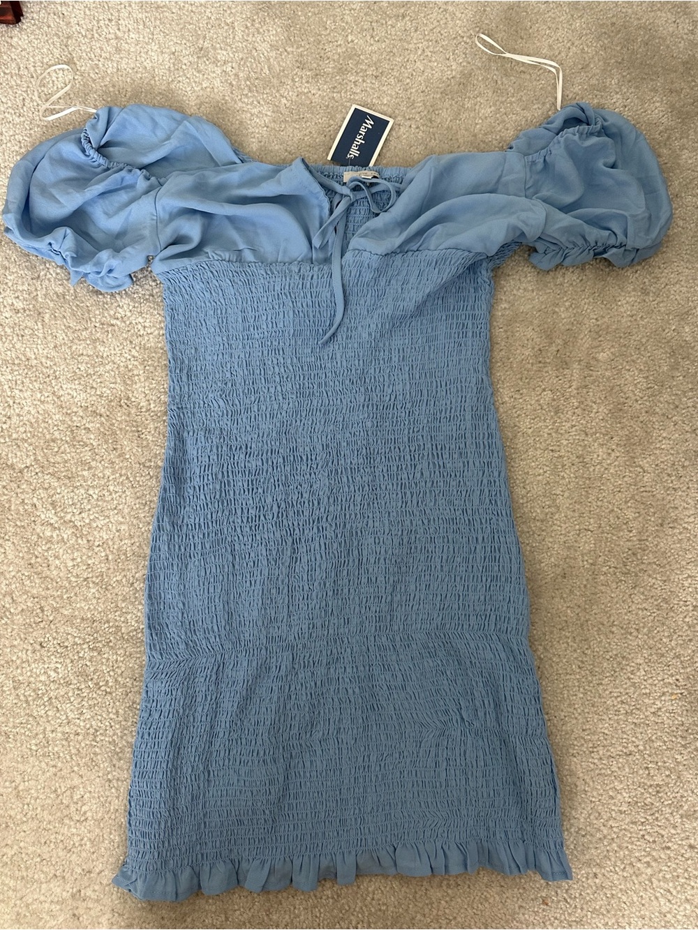 Light Blue Smocked Off-Shoulder Puff Sleeve Dress